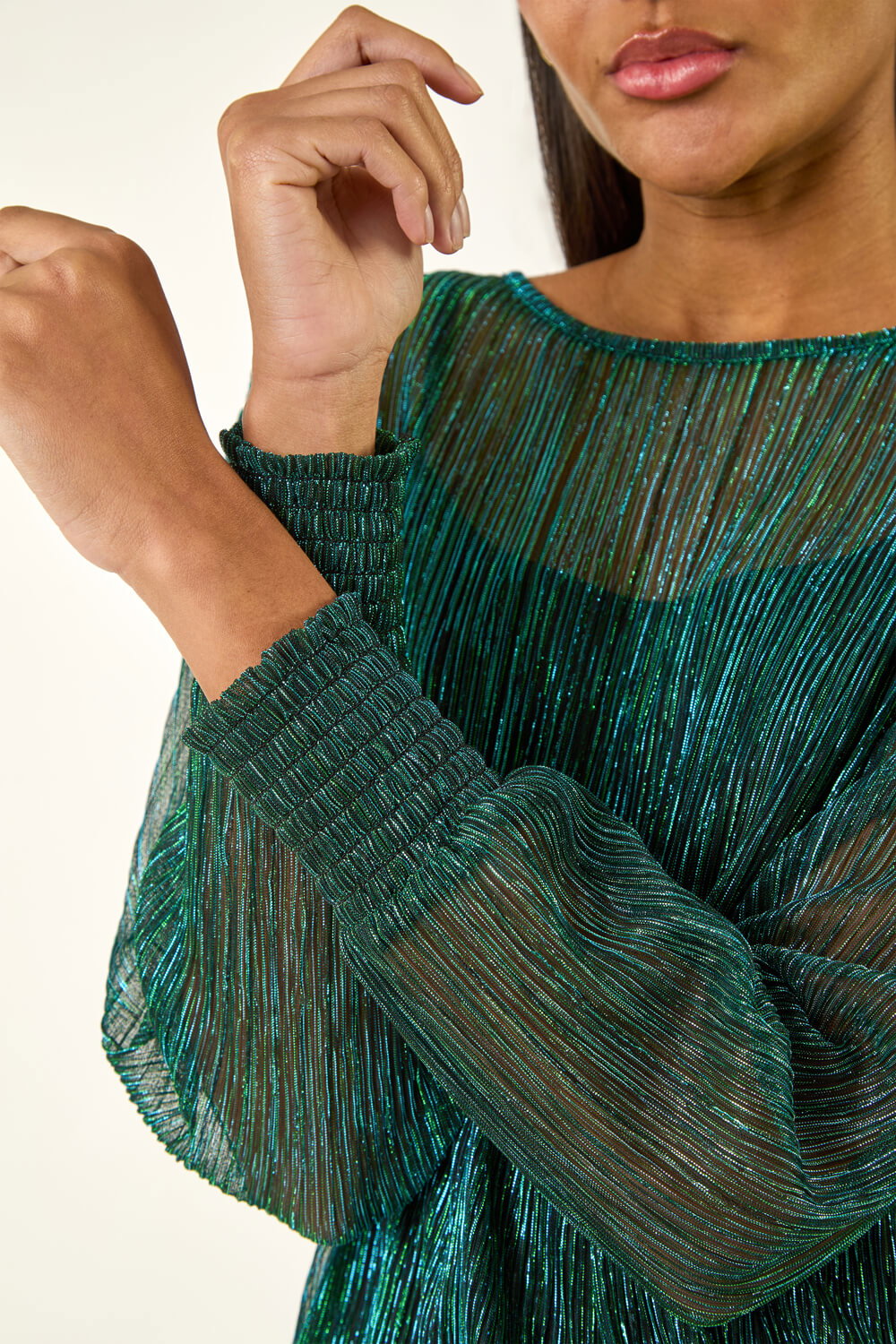 Forest Plisse Shimmer Shirred Hem Top, Image 6 of 5