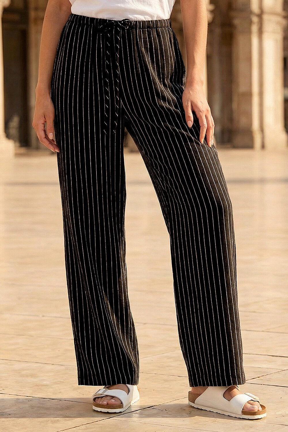 Black Petite Stripe Pull On Stretch Trouser, Image 1 of 4