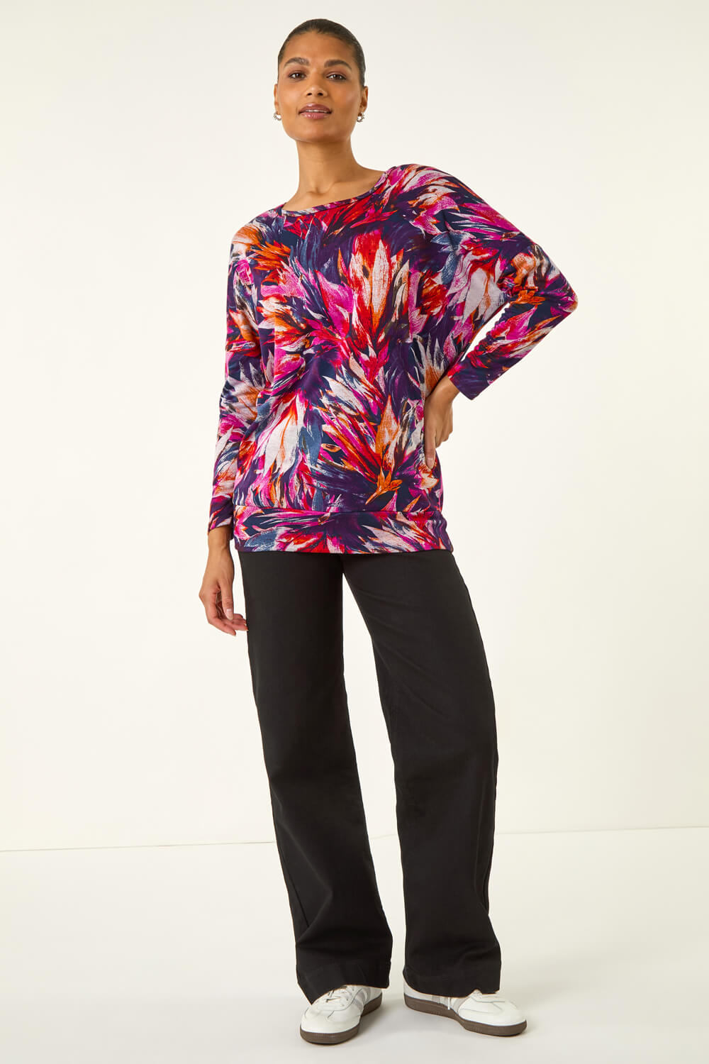 Navy Floral Print Bubble Hem Stretch Top, Image 3 of 5
