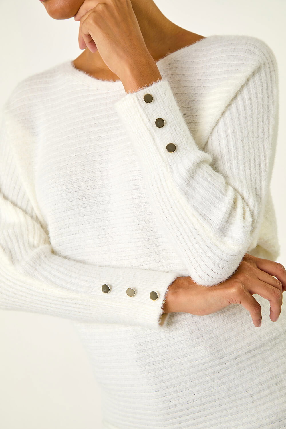 Ivory Button Sleeve Fluffy Jumper, Image 6 of 5