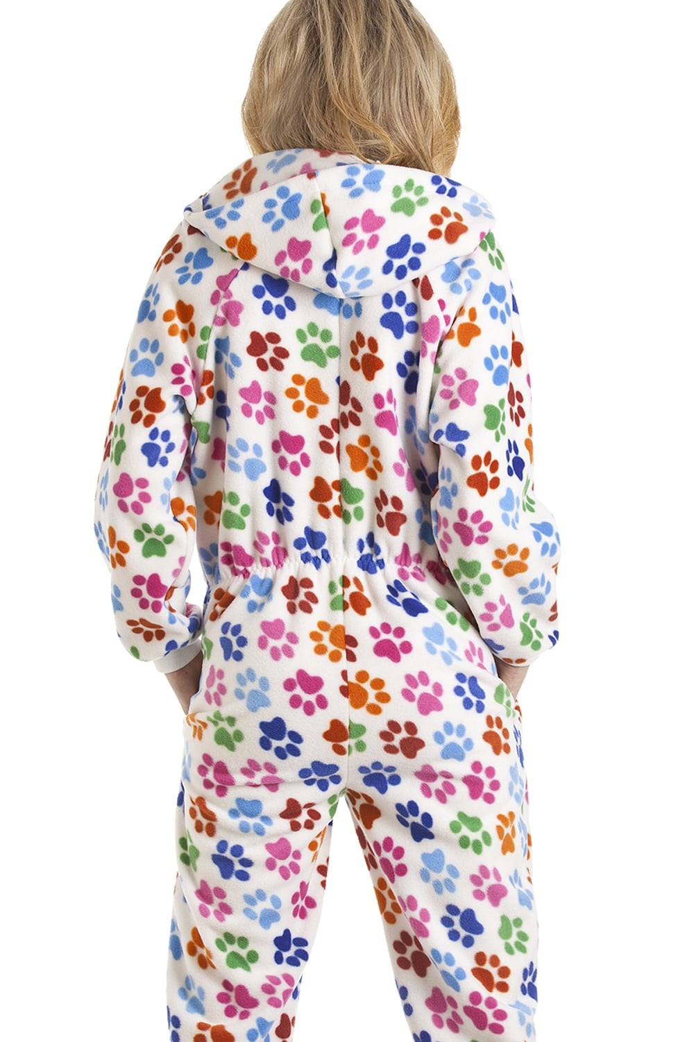 White Camille Lingerie White All In One Paw Print Hooded Fleece Onesie, Image 2 of 5