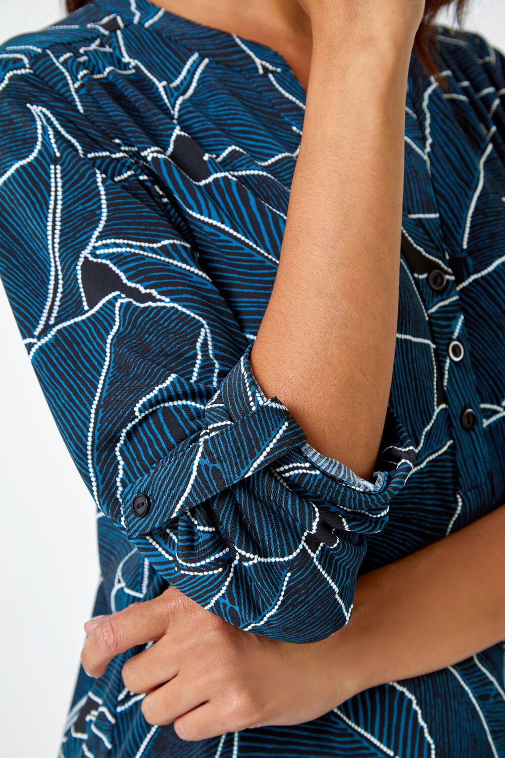 Teal Textured Leaf Print Stretch Shirt, Image 6 of 5