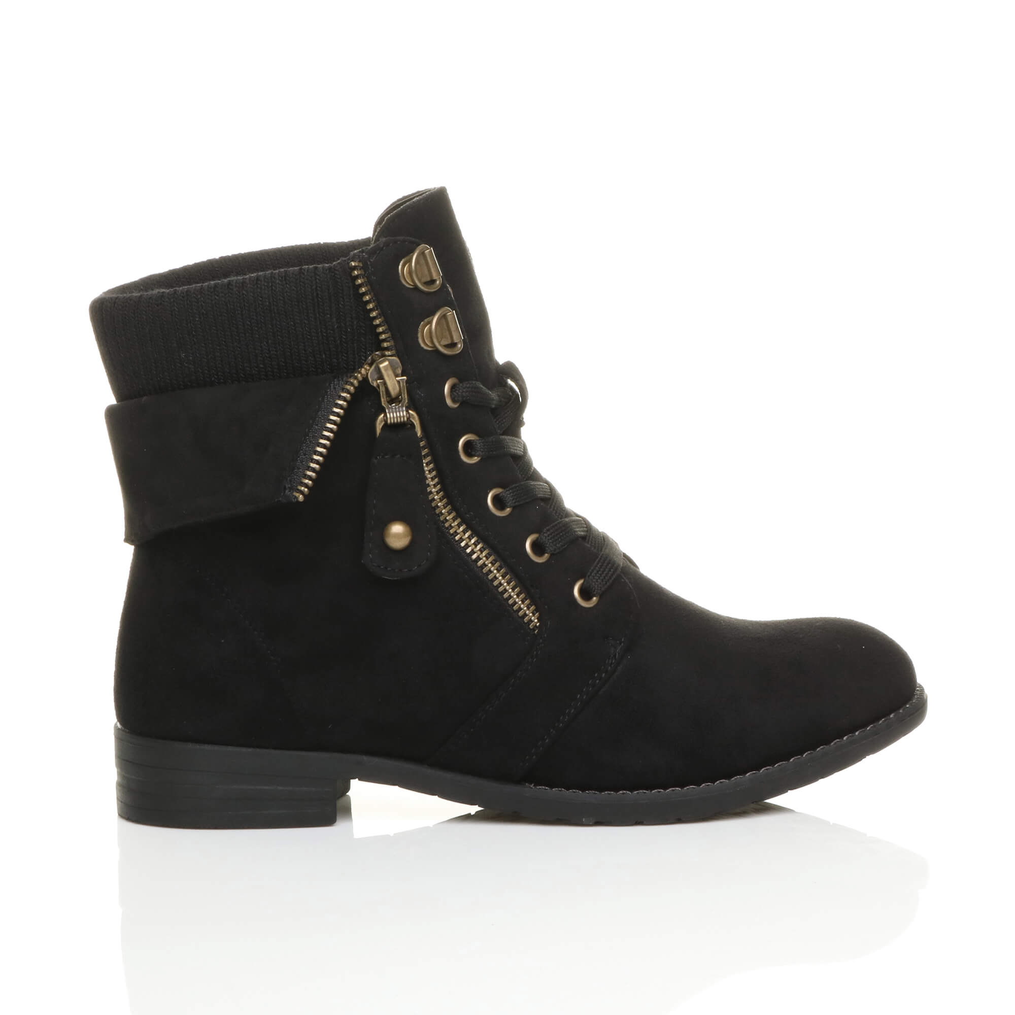 Black Lace Up Knitted Collar Biker Ankle Boots, Image 2 of 6