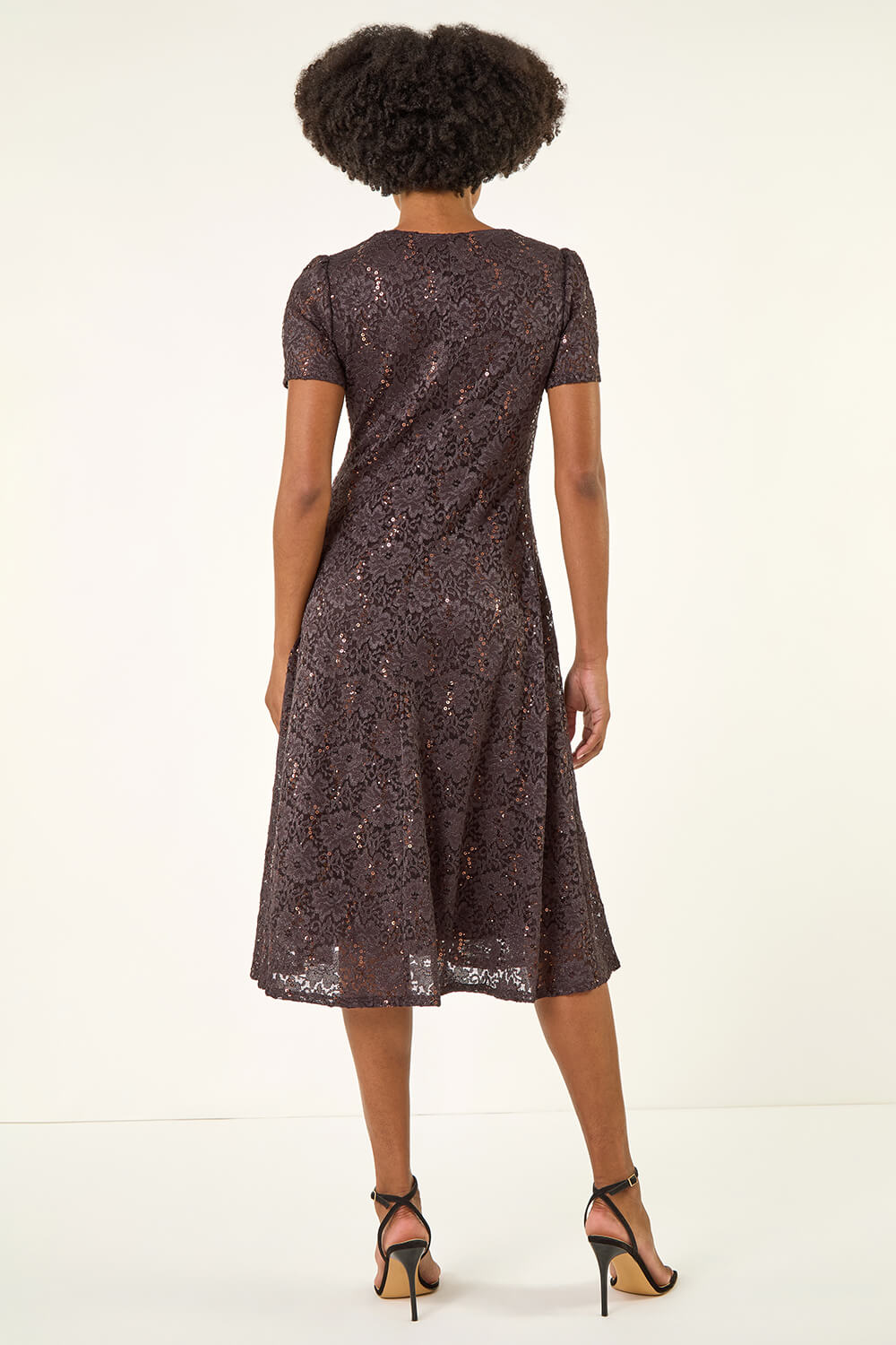 Chocolate Sequin Lace Twist Front Midi Dress, Image 4 of 5