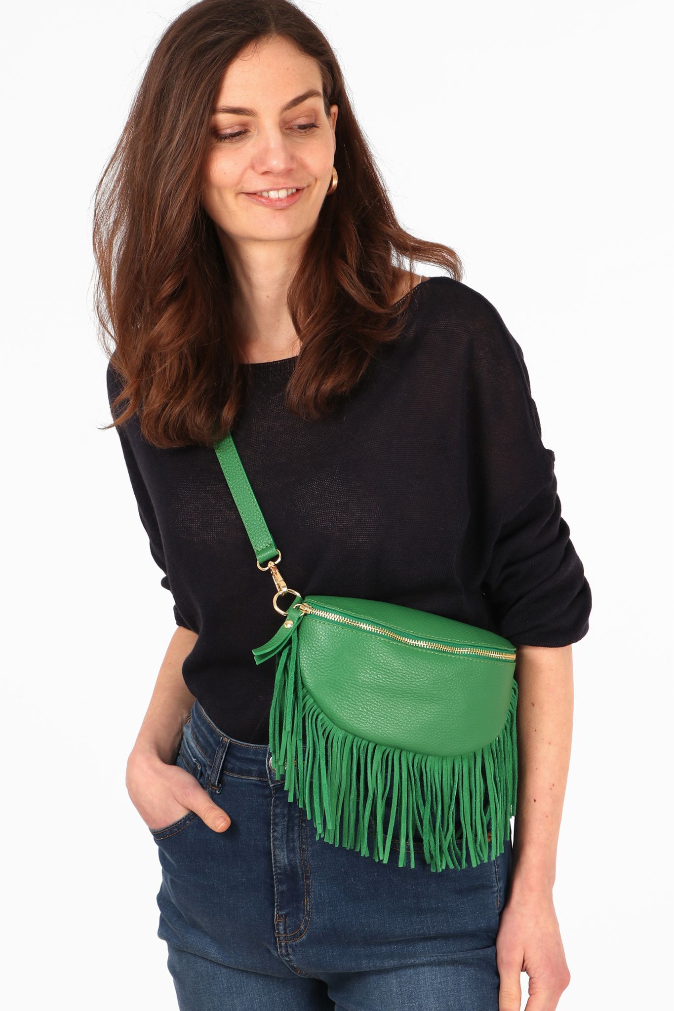 Green Fringed Half Moon Leather Crossbody Bag, Image 2 of 5