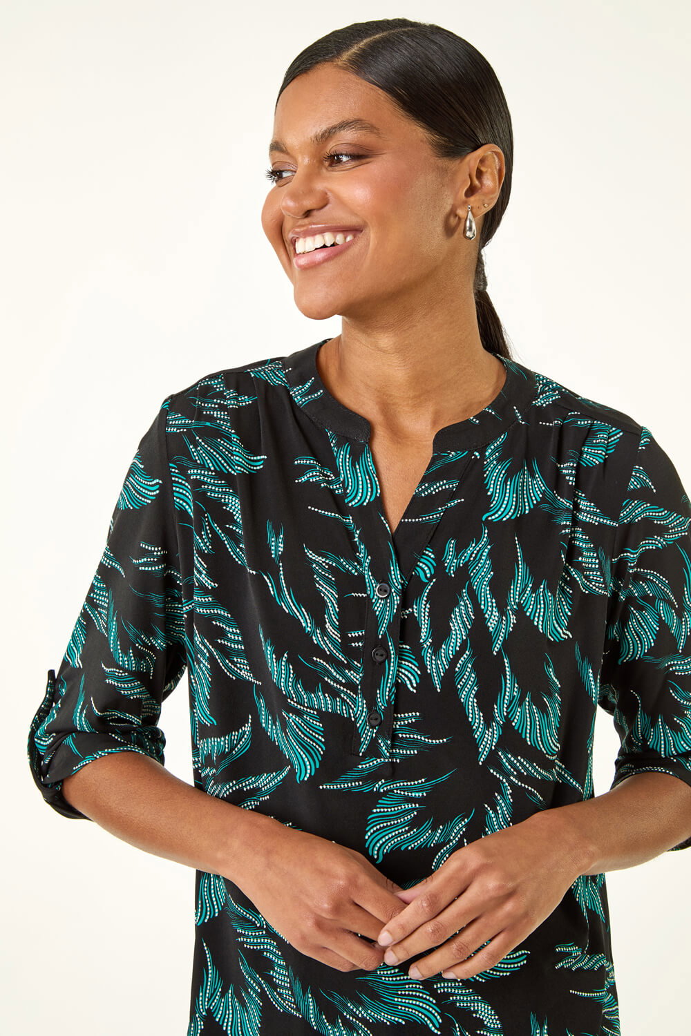 Roman Women's Teal Leaf Puff Print Stretch Top Size 12