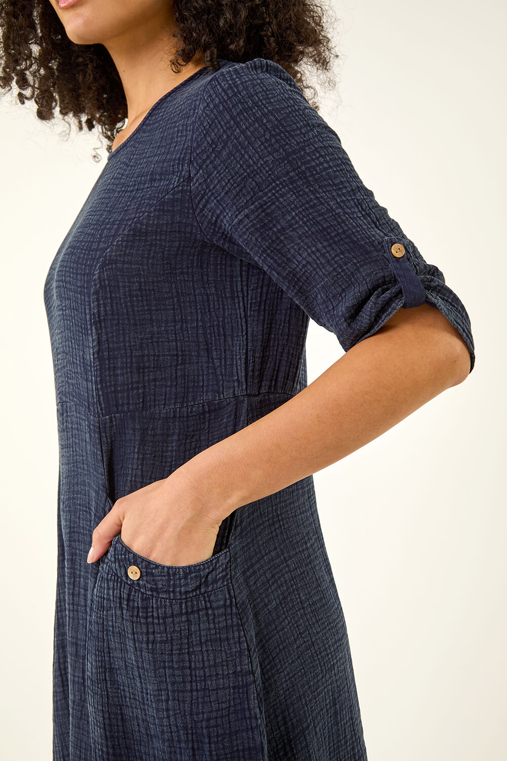 Denim Textured A-Line Midi Dress, Image 6 of 5