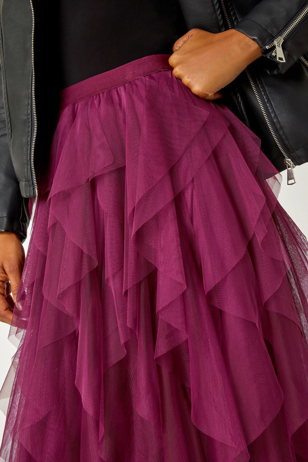 Wine Elasticated Mesh Layered Skirt, Image 6 of 5