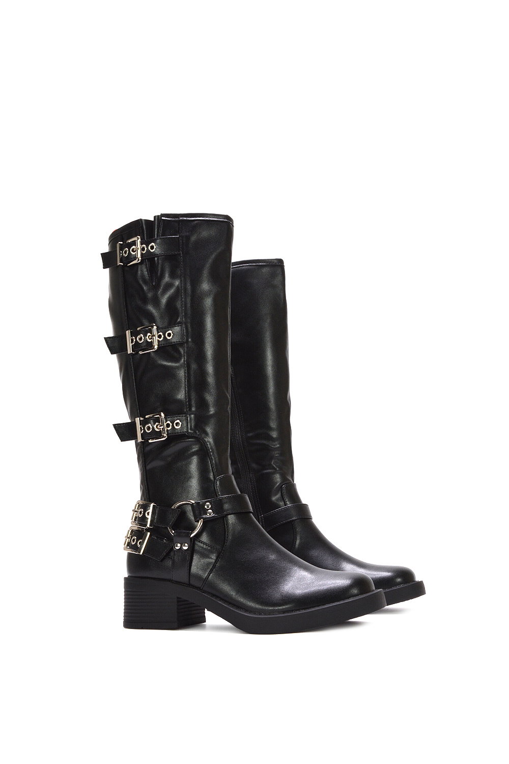 Black 'Cobra' Harness Square toe Knee High Biker Boots, Image 3 of 7