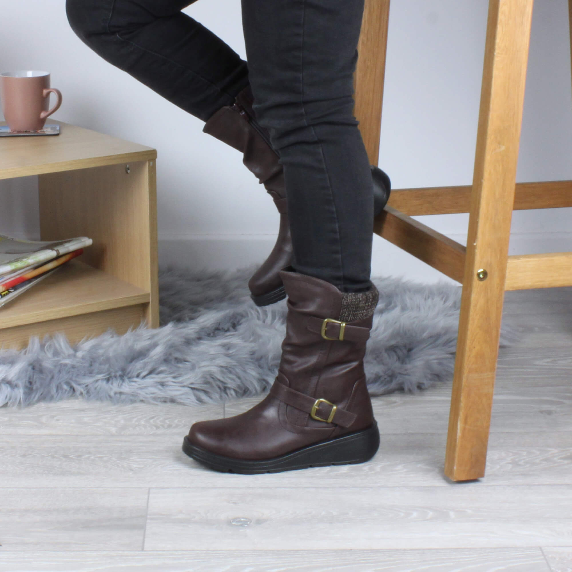 Brown AJVANI Brown Low Wedge Heel Comfort Calf Biker Boots, Image 5 of 6