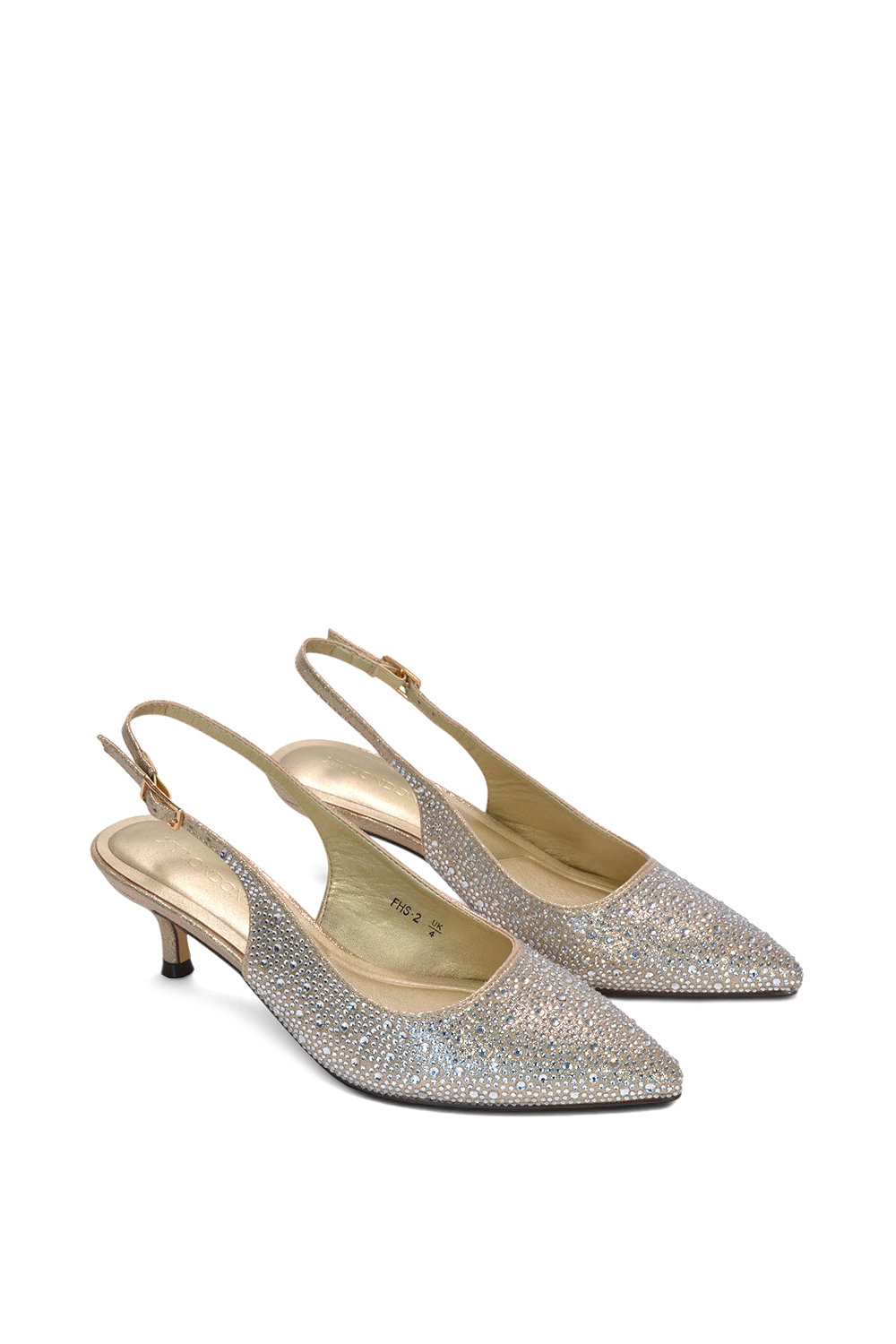 Gold XY LONDON Gold Slingback Court Shoes Pointed Kitten Heels With Crystal Details, Image 5 of 6