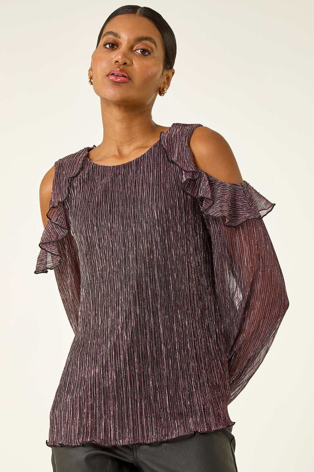 Pink Shimmer Cold Shoulder Plisse Top, Image 6 of 6