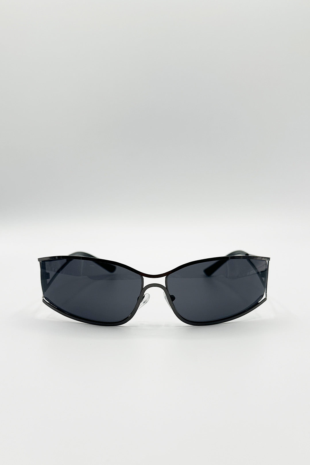 Black Retangle Wrap Around Metal Sunglasses In Gun Metal, Image 2 of 5