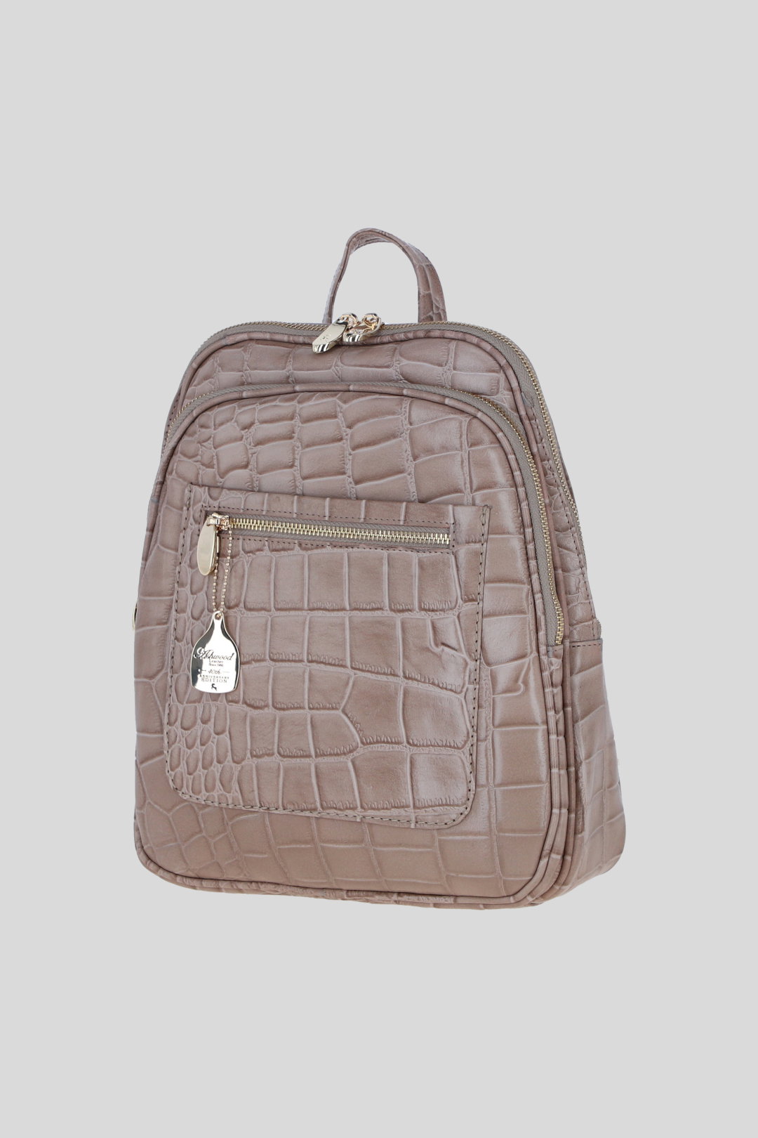 Grey Real Leather Backpack with Multiple Pockets and Gold-Tone Hardware, Image 2 of 4