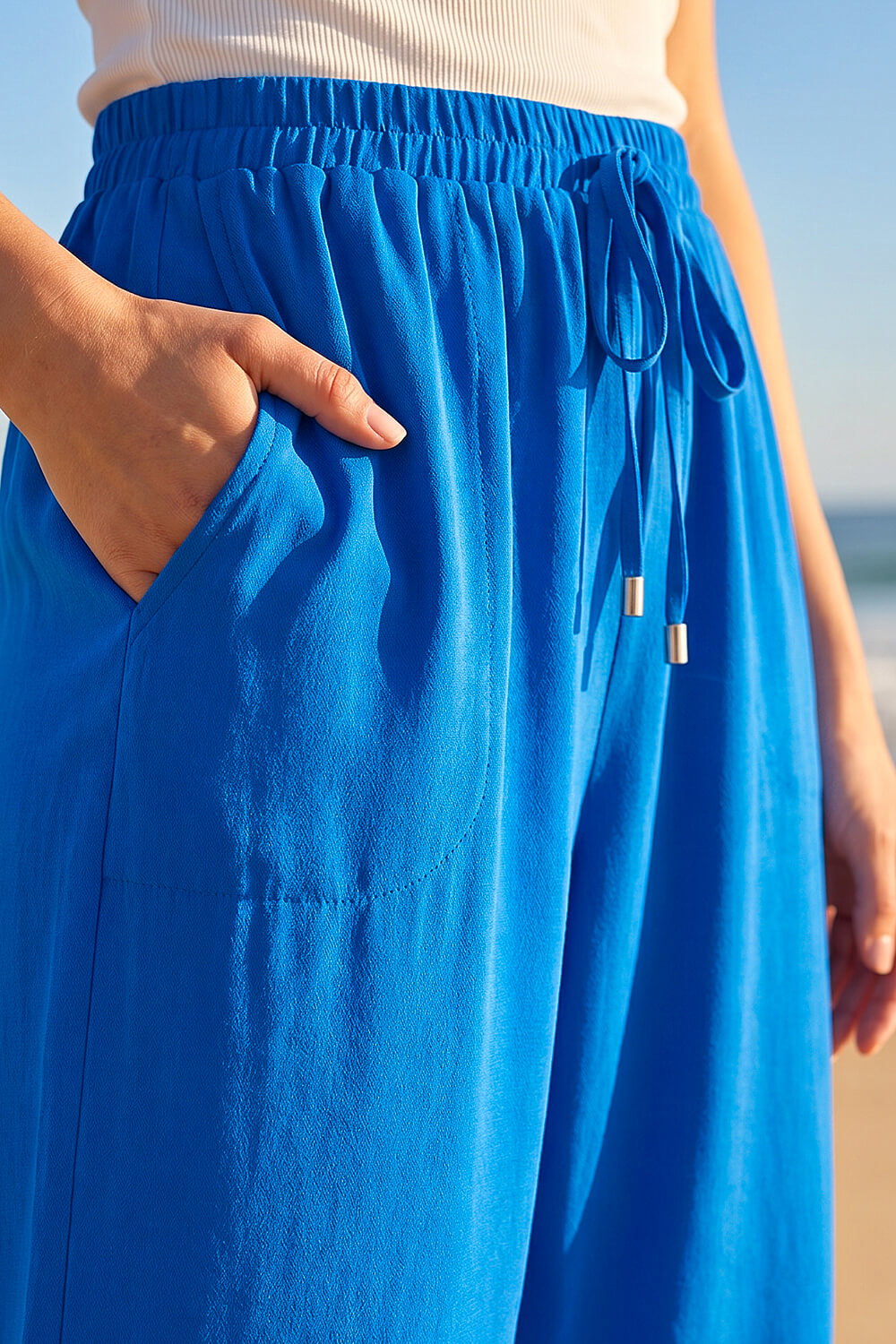 Blue Petite Elasticated Waist Cropped Trousers , Image 5 of 4