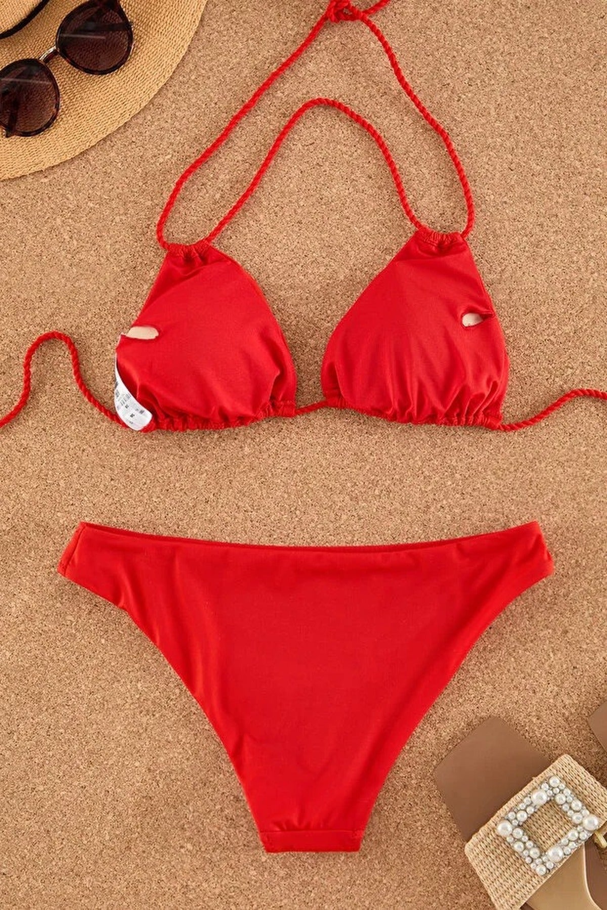 Red WOVCOR Red Triangle Bikini Set with Multi Strap Detail, Image 3 of 4