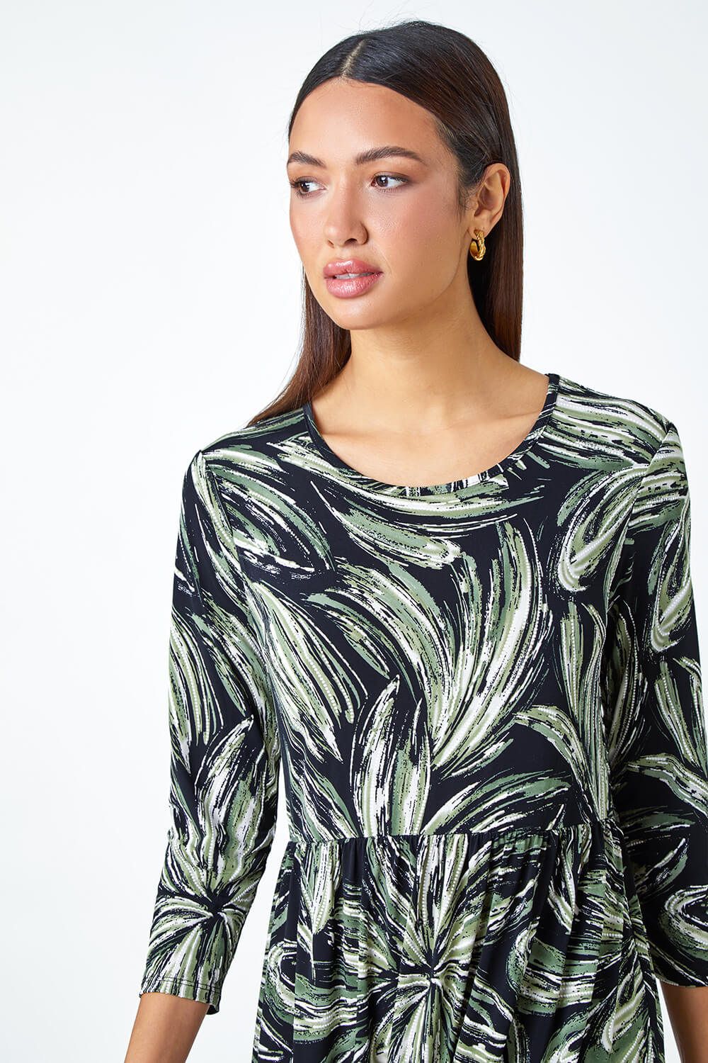 Khaki Textured Floral Print Midi Stretch Dress, Image 5 of 5