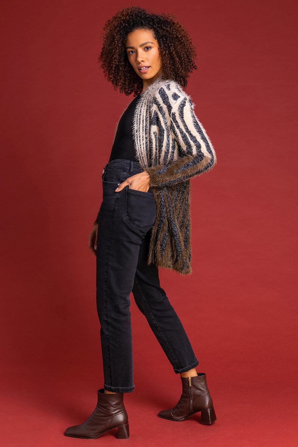 Natural  Zebra Print Fluffy Cardigan, Image 4 of 4