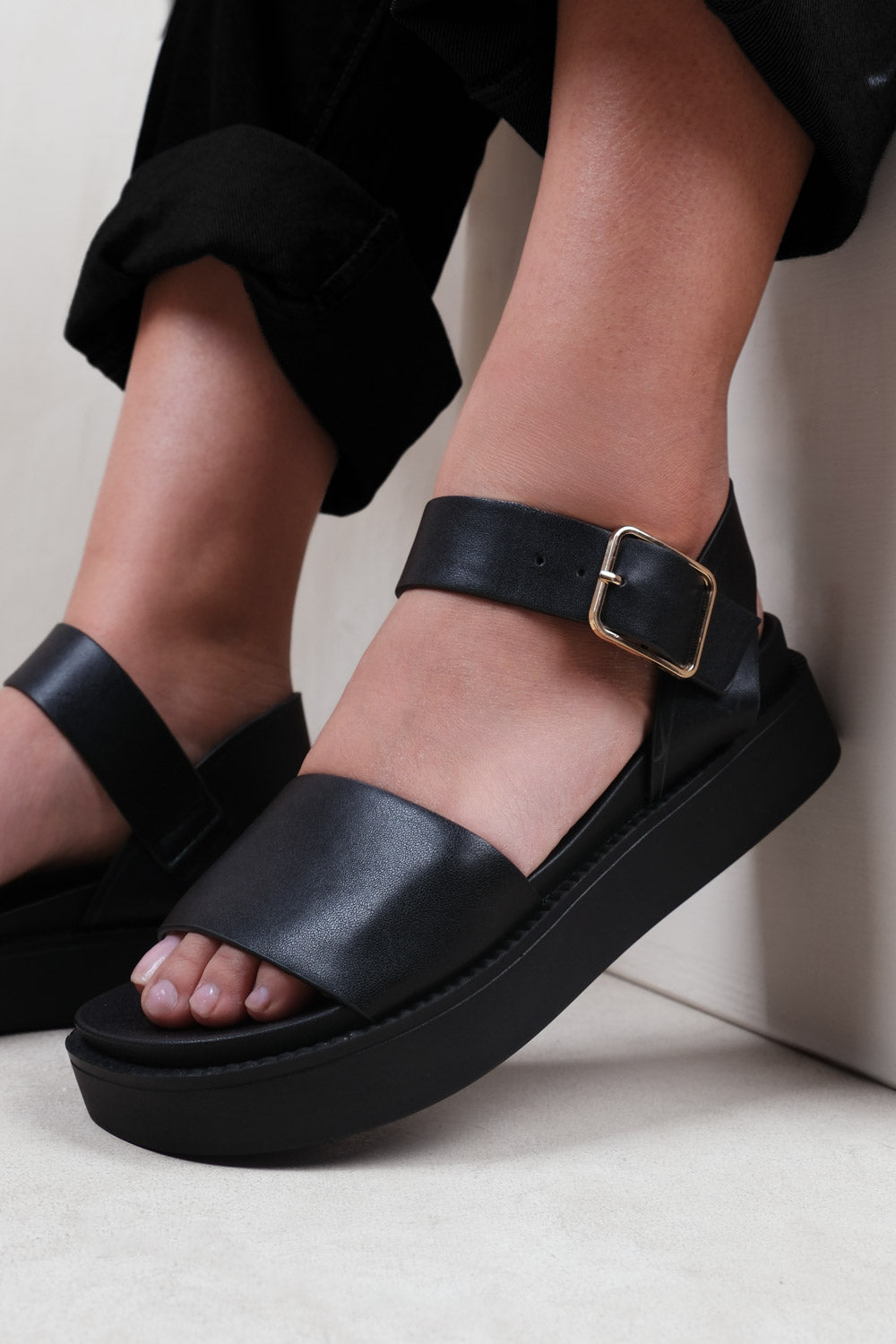 Black 'Phoenix' Wide Fit Flat Sandals with Strap, Image 3 of 3
