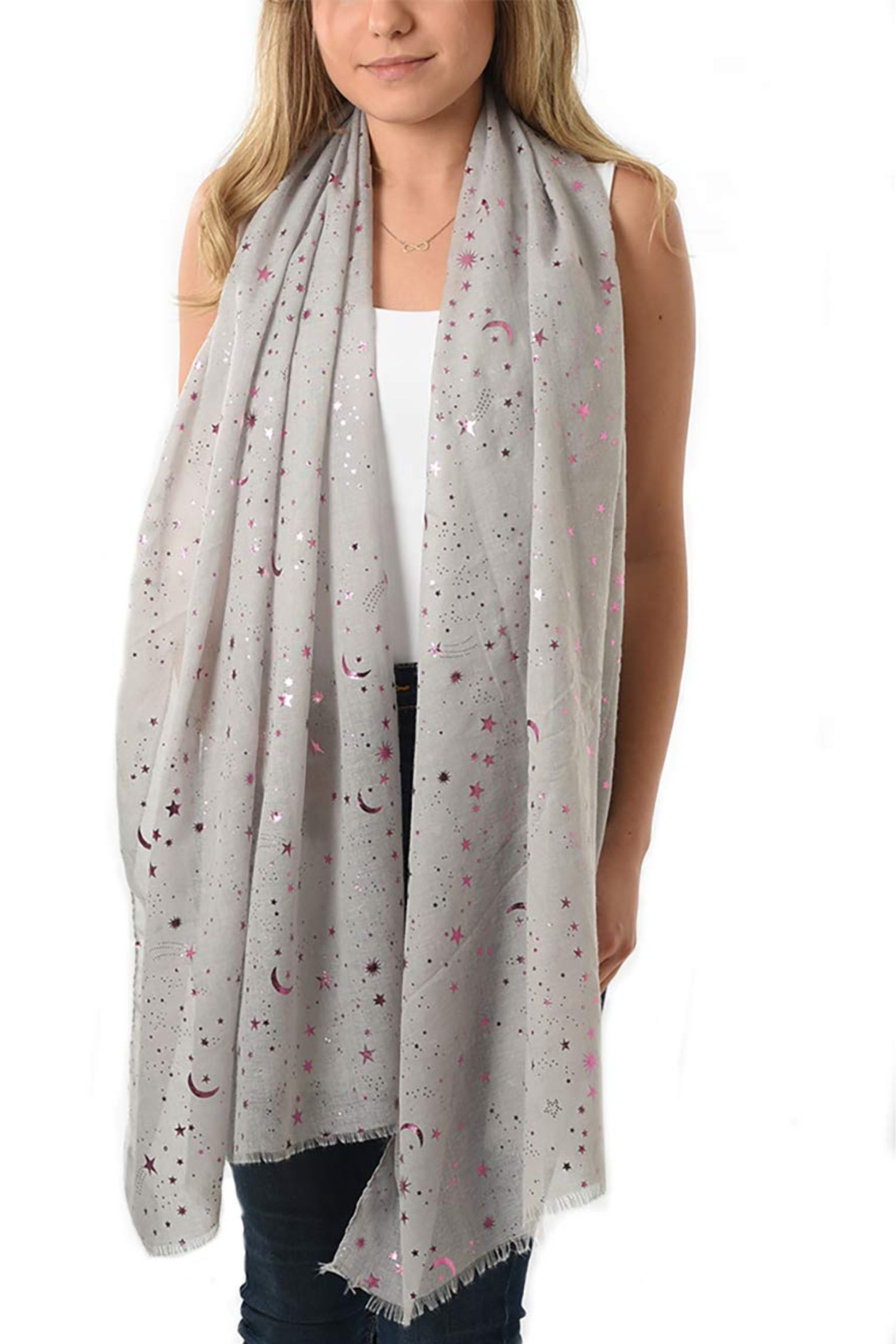 Light Grey Foil Star Moon Lighweight Scarf, Image 1 of 4