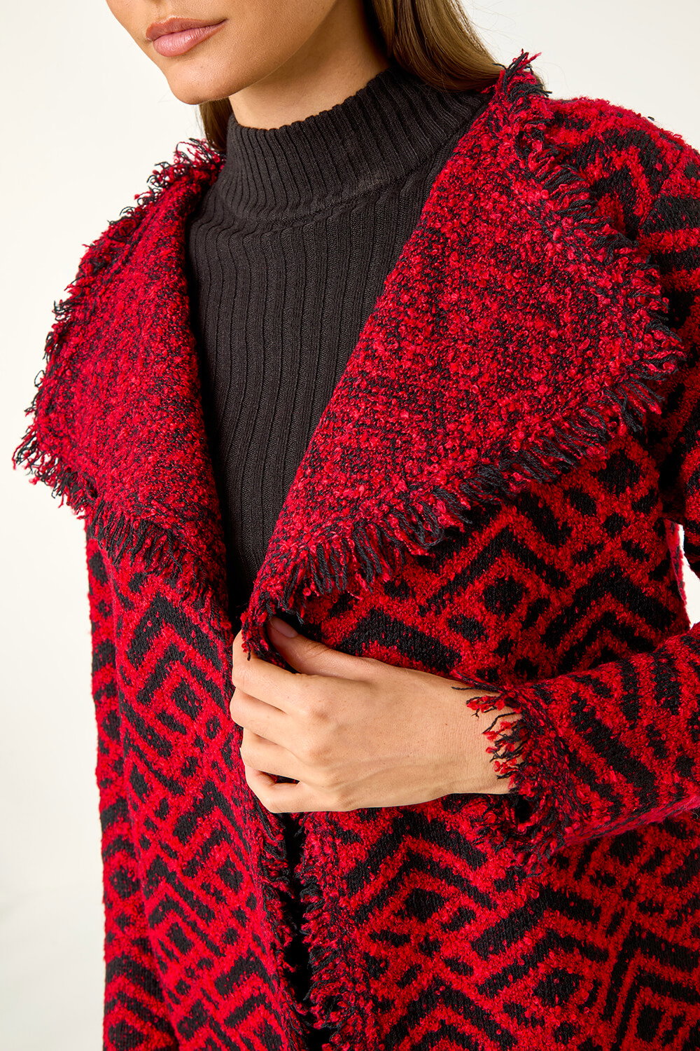 Red Geometric Fringe Collared Cardigan, Image 6 of 5