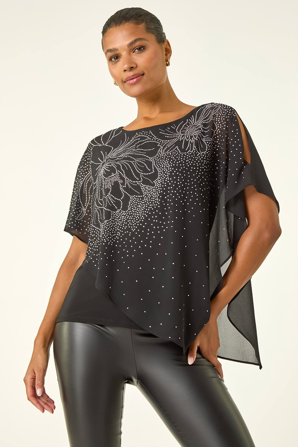 Black Asymmetric Embellished Overlay Top, Image 6 of 6
