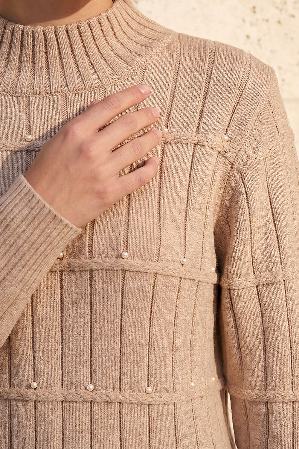 Beige Beaded Ribbed Knit Jumper, Image 5 of 4