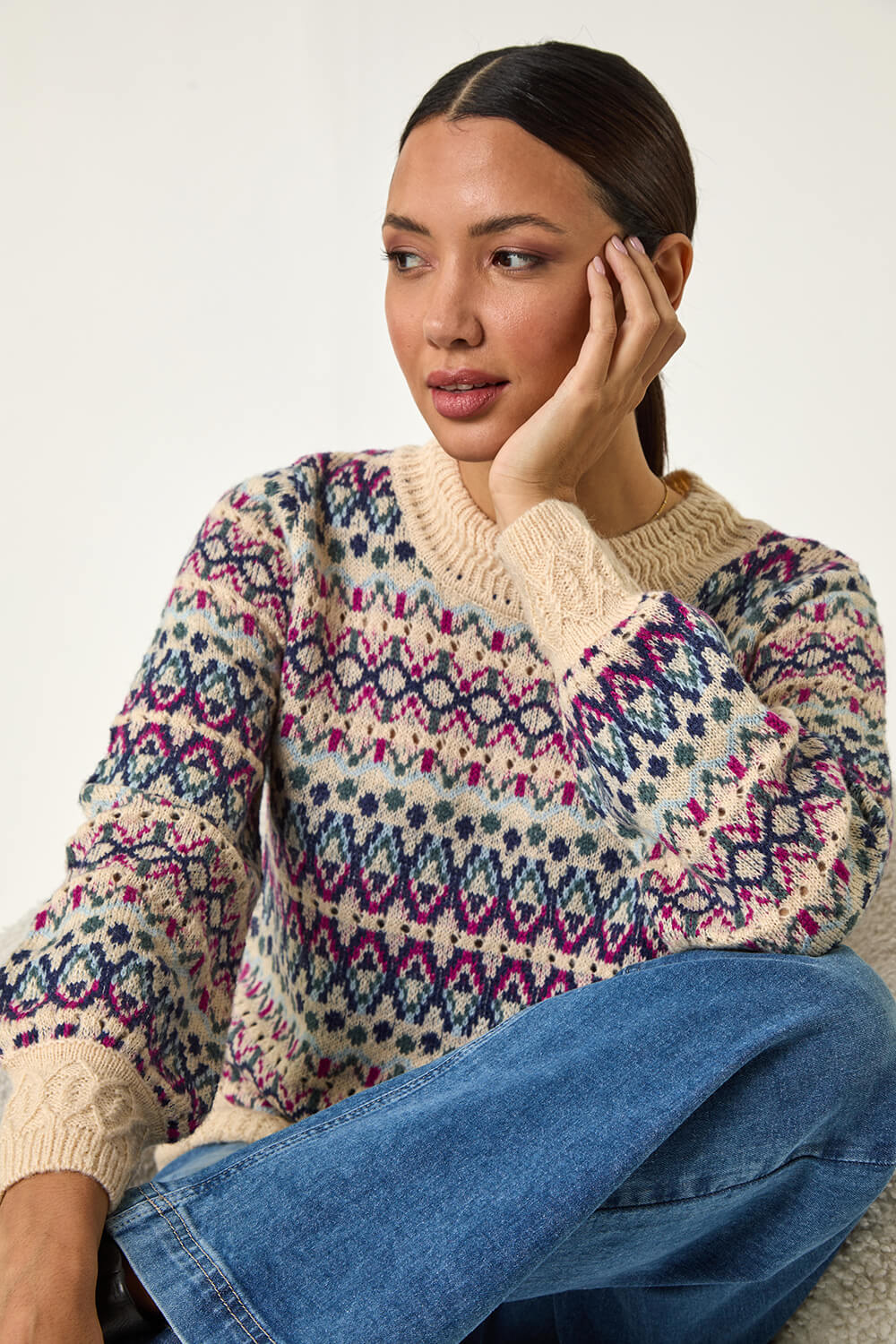 Teal Delicate Scallop Fairisle Jumper, Image 6 of 6