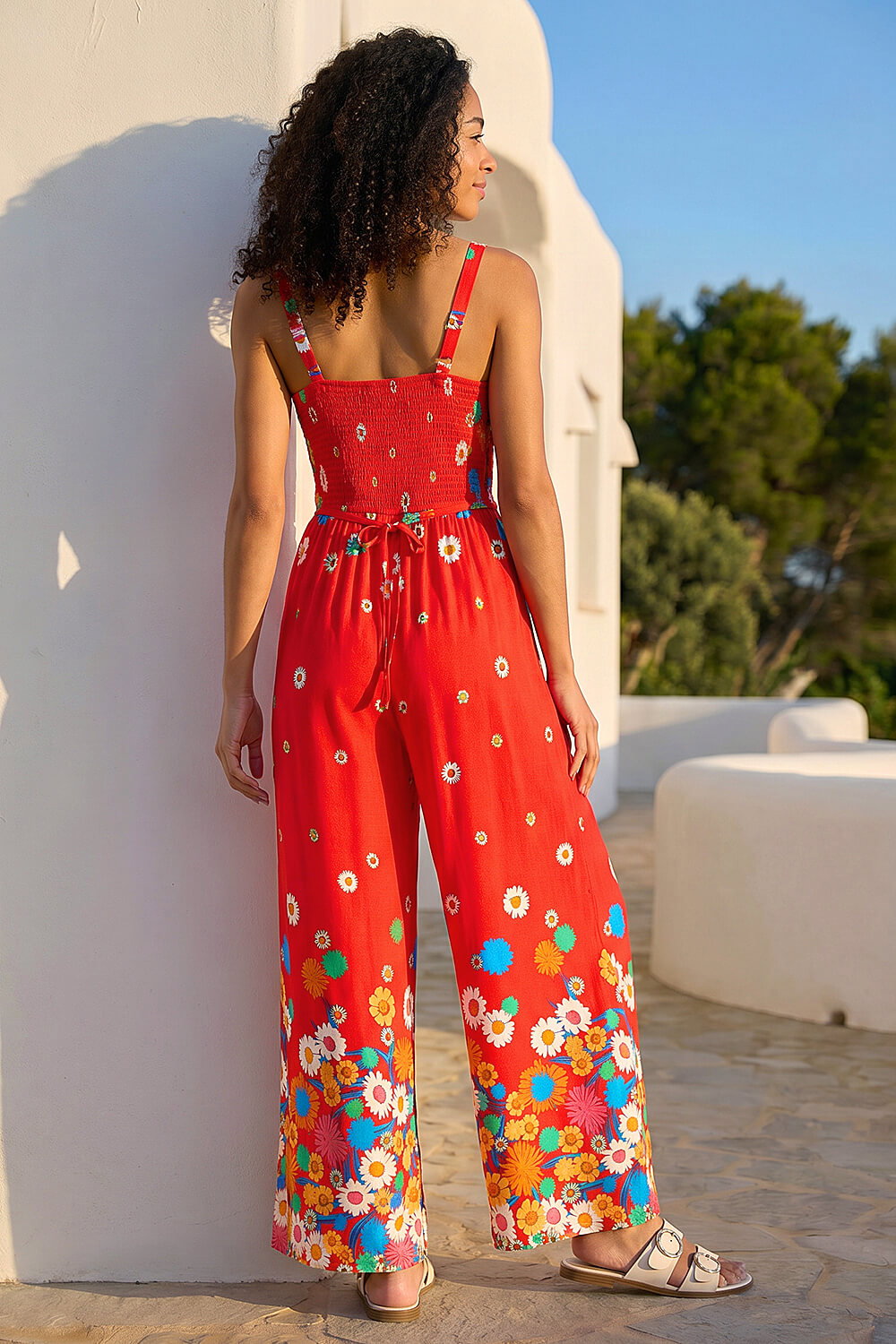 Red Floral Border Print Shirred Jumpsuit, Image 3 of 4