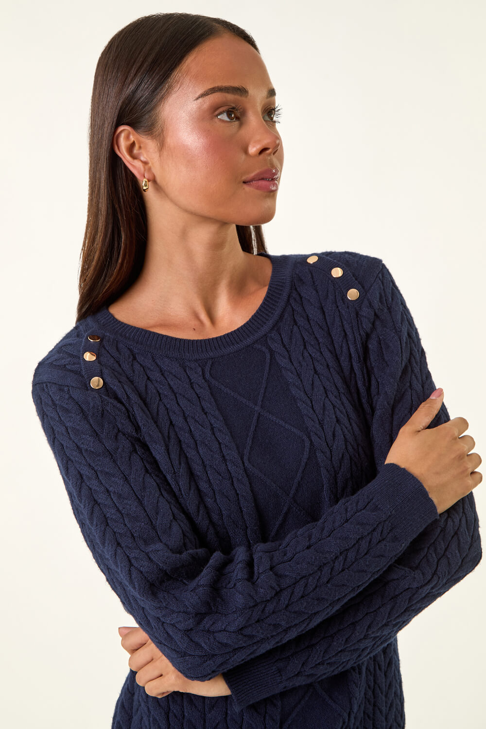 Navy Petite Button Cable Knit Jumper, Image 5 of 5