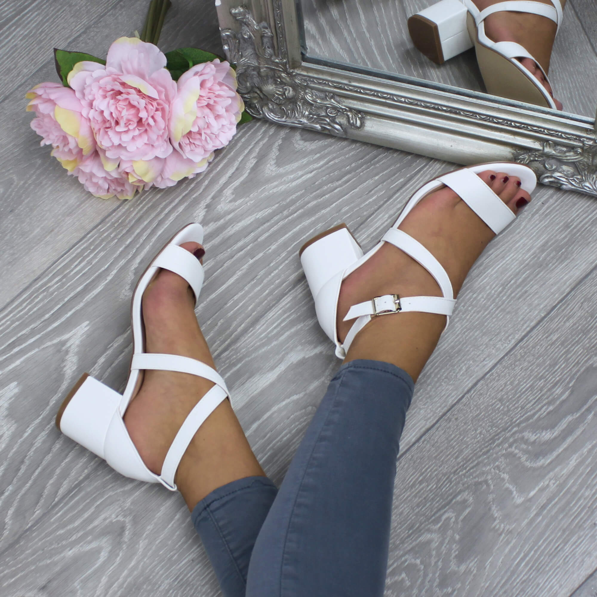 White AJVANI White Mid Block Heel Crossed Straps Sandals, Image 5 of 6