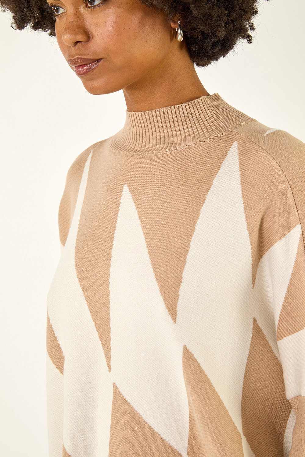 Natural Geometric Plaid Knit Poncho, Image 6 of 5
