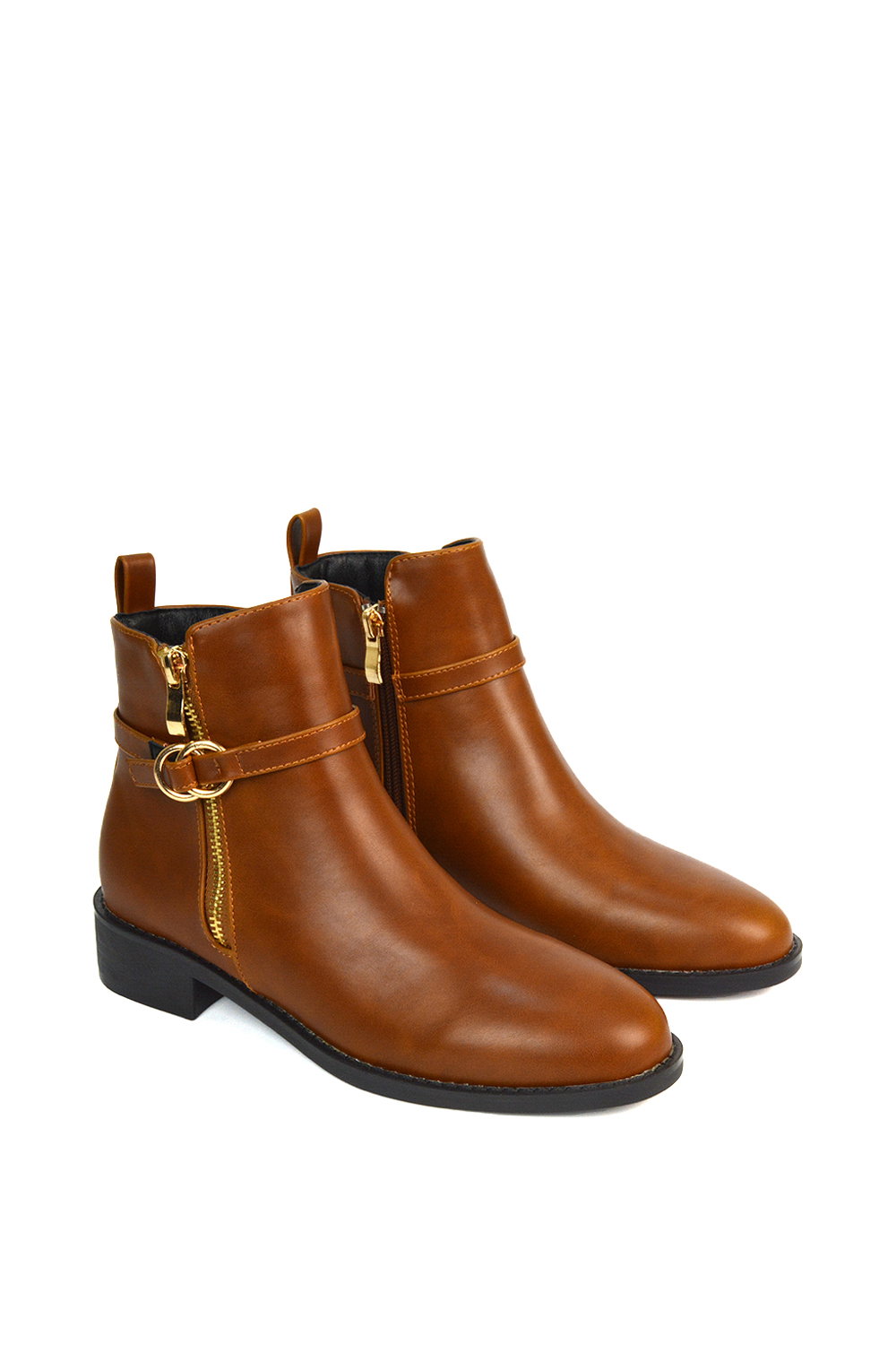 Tan XY LONDON Tan 'Lorna' Flat Low Heel Ankle Booties With Decorative Buckle and Zip, Image 4 of 6