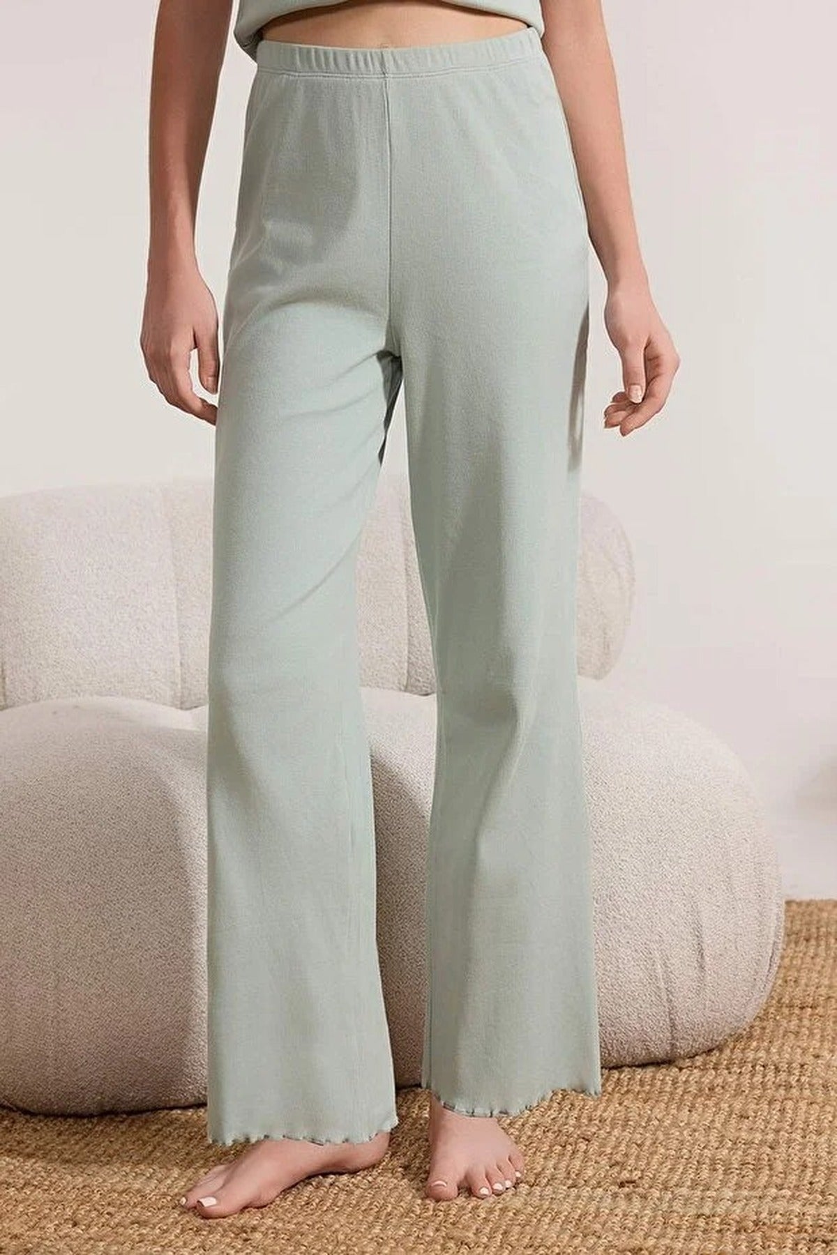 Mint Button Through Round Neck Short Sleeve Cotton Ribbed Pyjama Set, Image 3 of 3