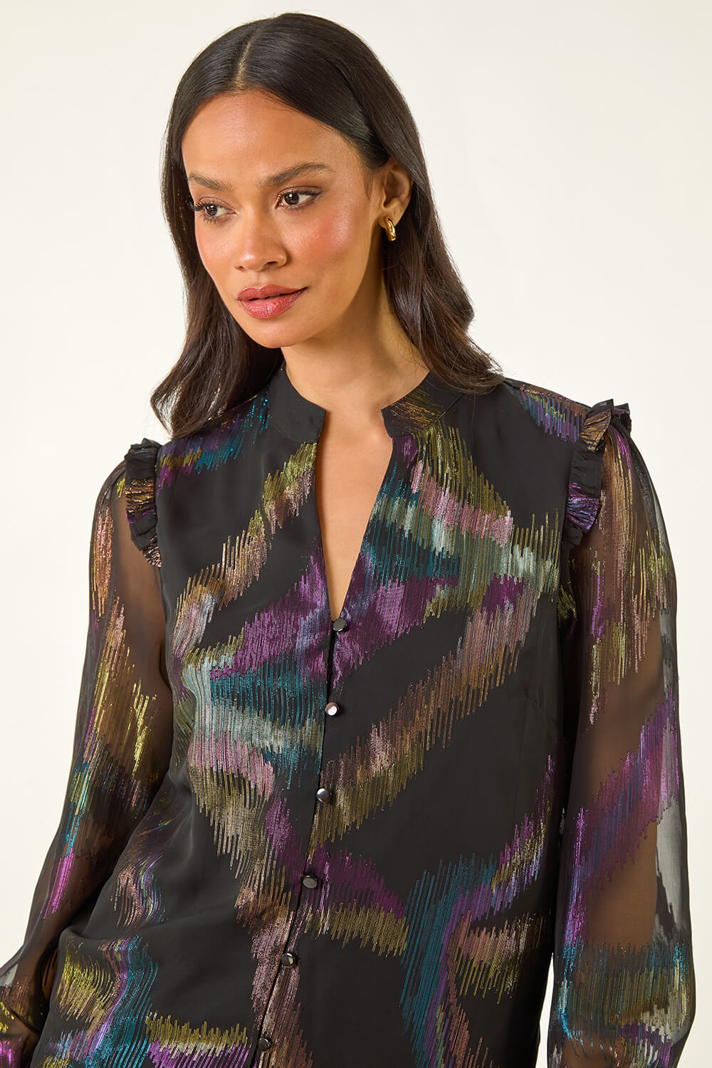 Black Dusk Foil Frill Shirt, Image 5 of 5