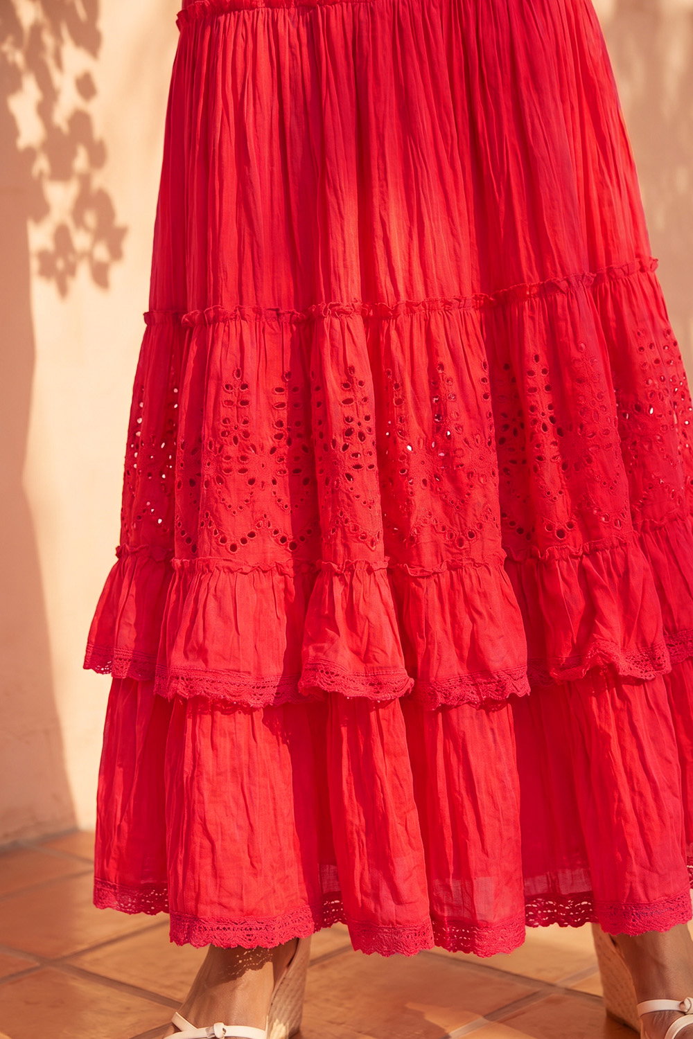 Red Broderie Tiered Maxi Skirt, Image 5 of 4