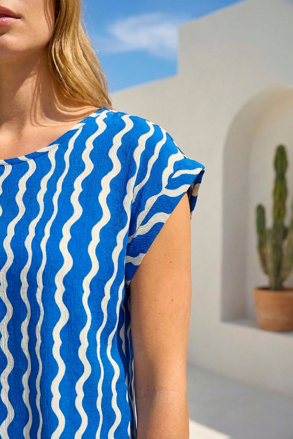 Blue Abstract Wave Print Shell Top, Image 5 of 4