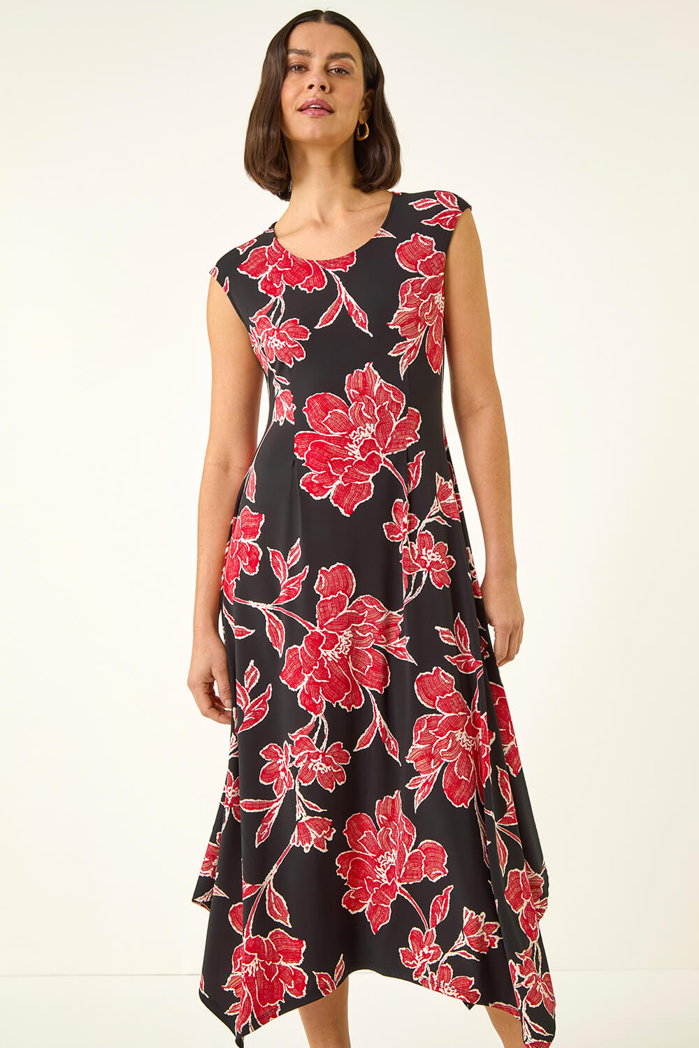 Black Floral Print Stretch Midi Dress, Image 3 of 5
