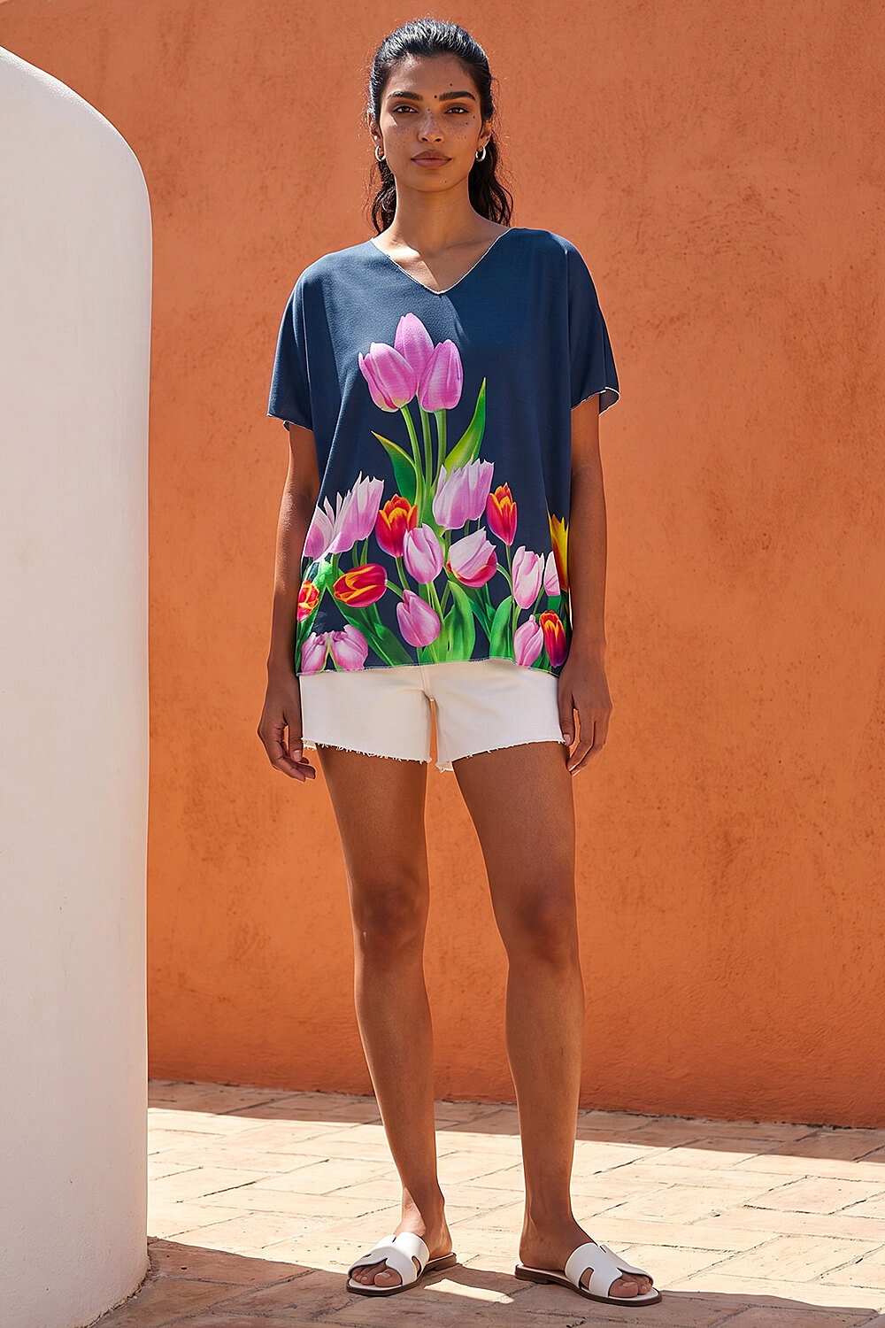 Navy Tulip Motif V-Neck Stretch Top, Image 4 of 4