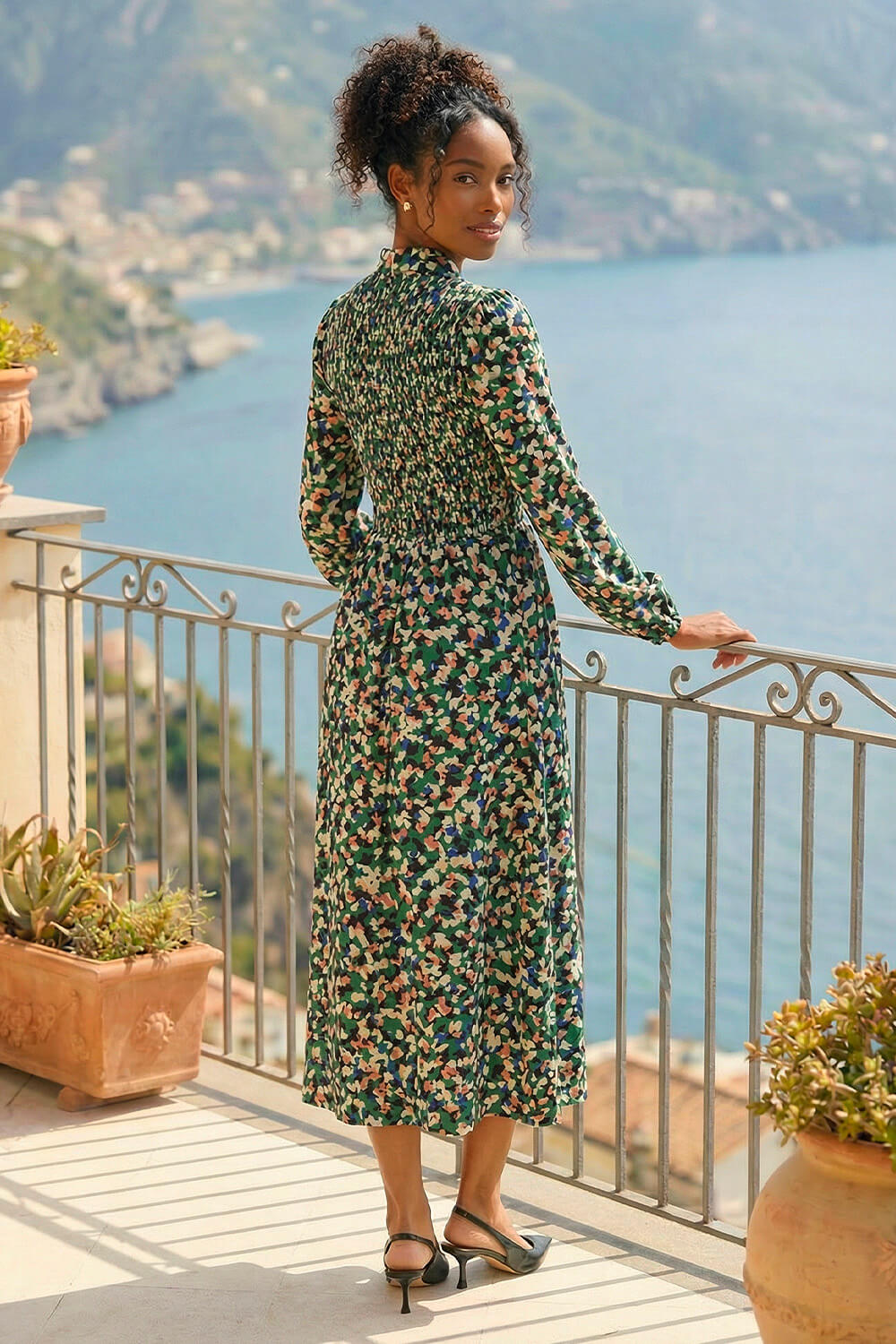 Green Speckled Print Shirred Midi Dress, Image 4 of 4