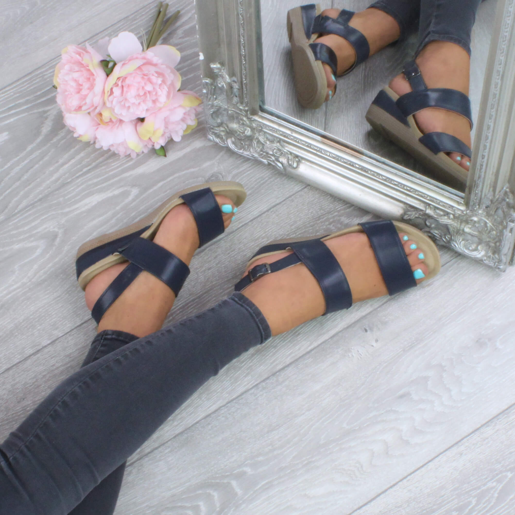 Navy Blue AJVANI Navy Blue Mid Wedge Heel Strappy Slingback Sandals, Image 5 of 6
