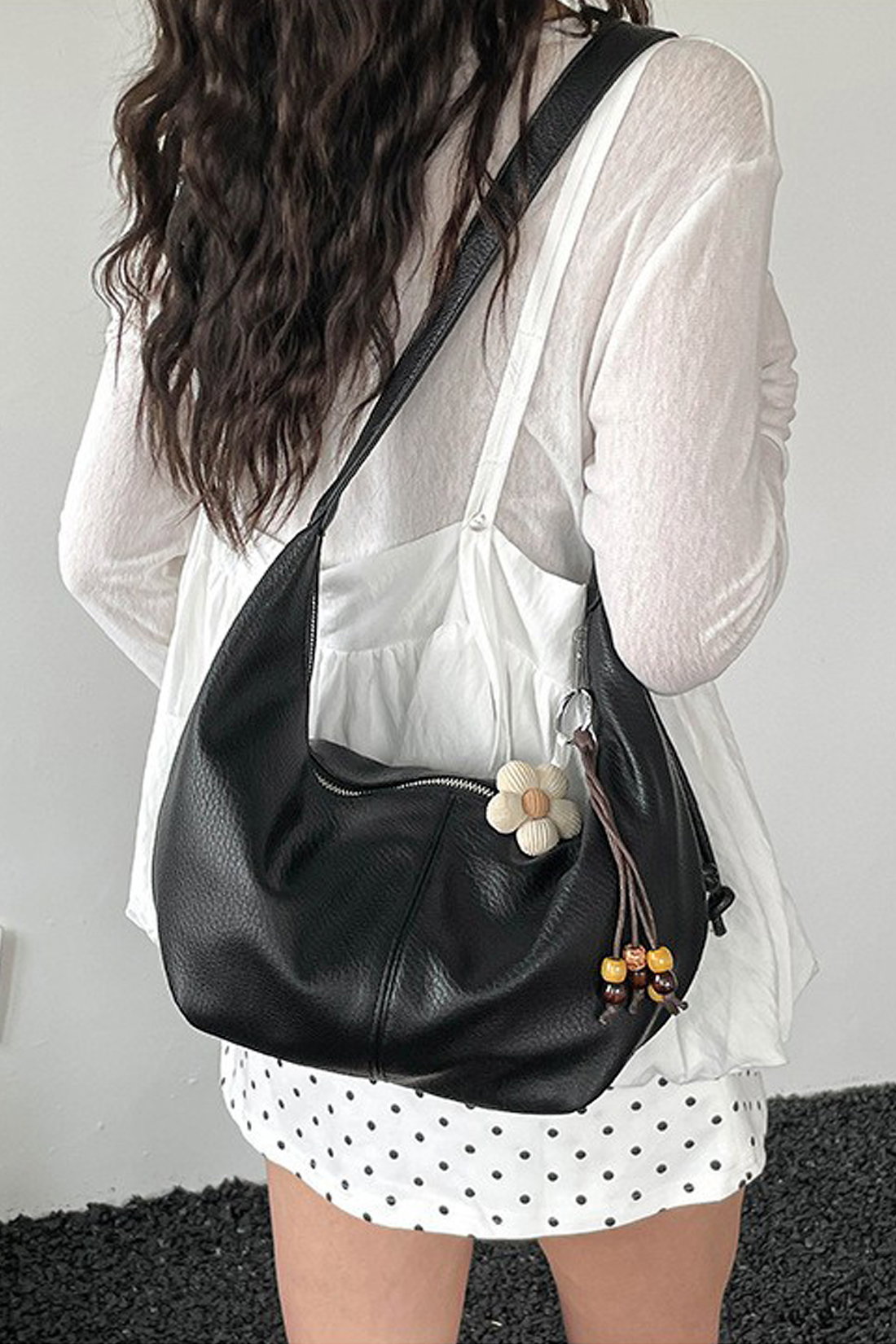 Black Crescent Shoulder Bag With Flower Charm, Image 1 of 3