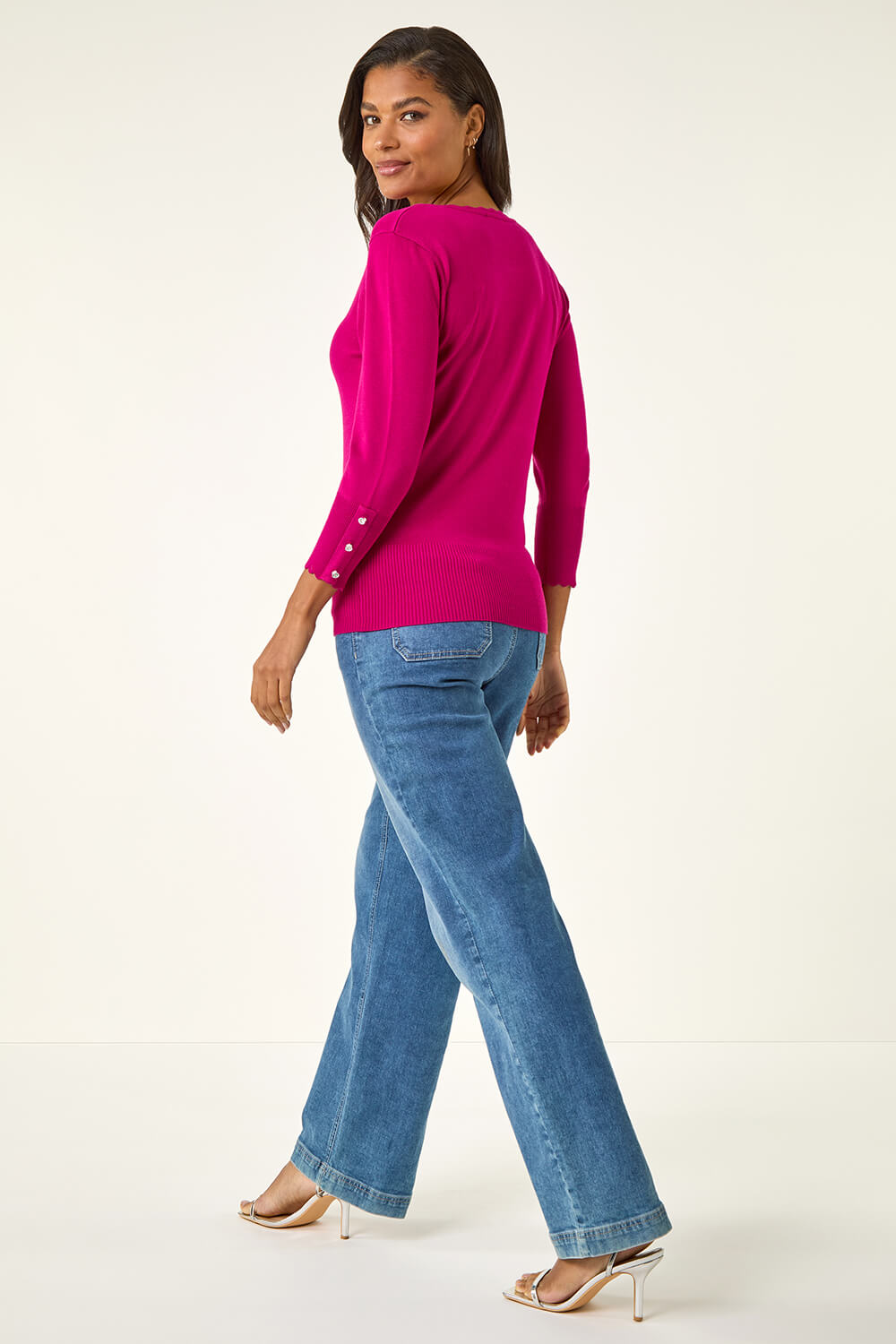 Fuchsia Sparkly Diamante Button Scallop Edge Jumper, Image 4 of 5