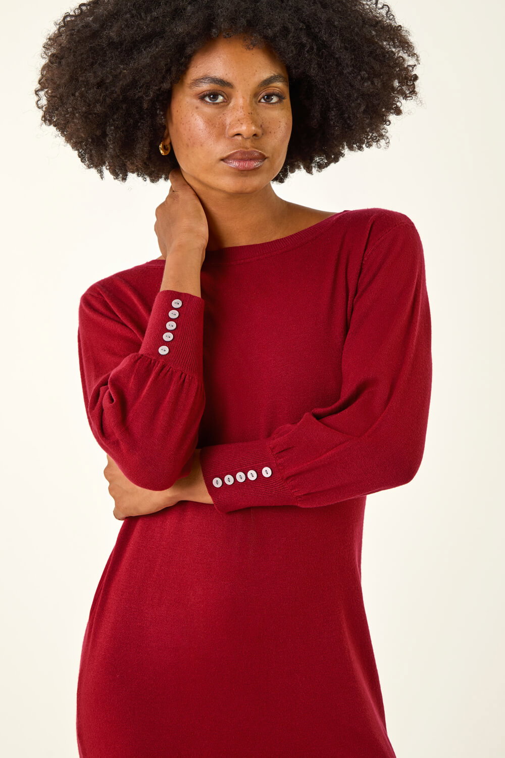 Red Button Detail Knitted Jumper Dress, Image 5 of 5