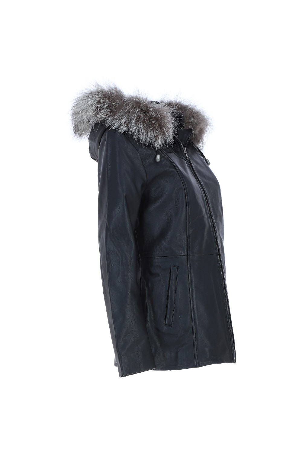 Black Real Leather Hooded Jacket with Fur, Image 5 of 5