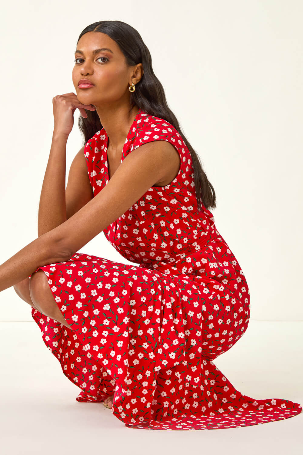 Roman Women's Red Floral Frill Buttoned Dress Size 18