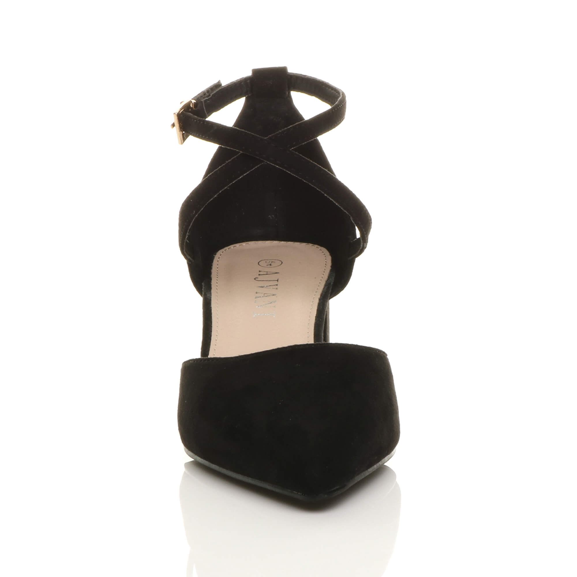 Black Mid Block Heel Crossed Strap Pointed Toe 2 Part Heels, Image 6 of 6