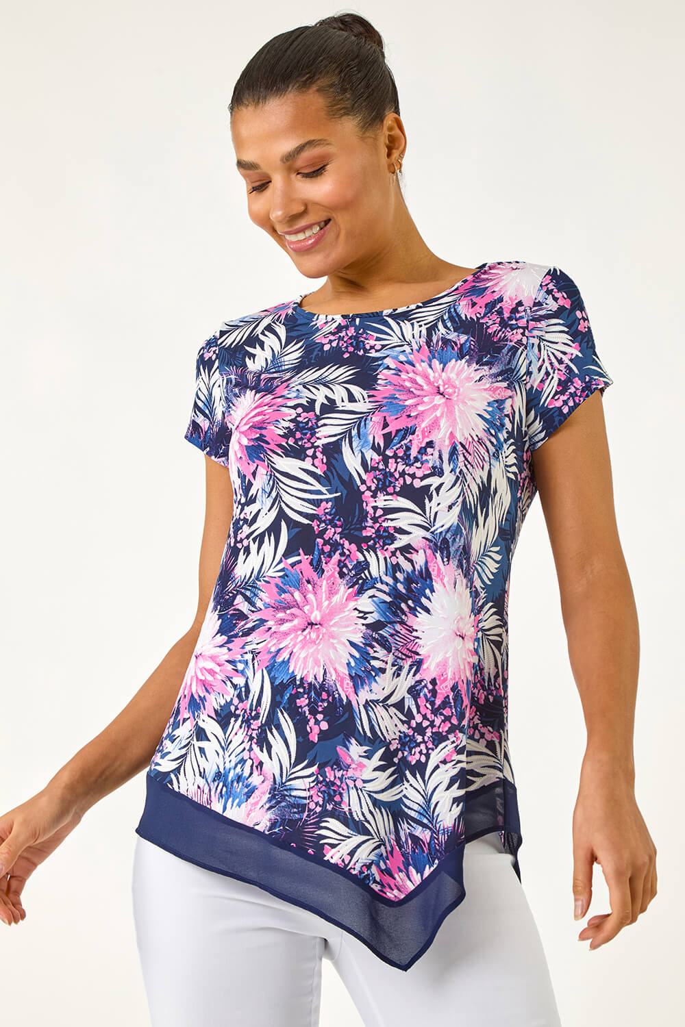 Fuchsia Textured Floral Print Asymmetric Top, Image 1 of 5