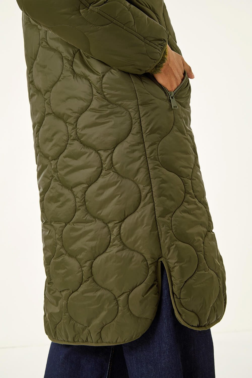 Khaki Fleece Lined Quilted Hooded Coat, Image 7 of 6