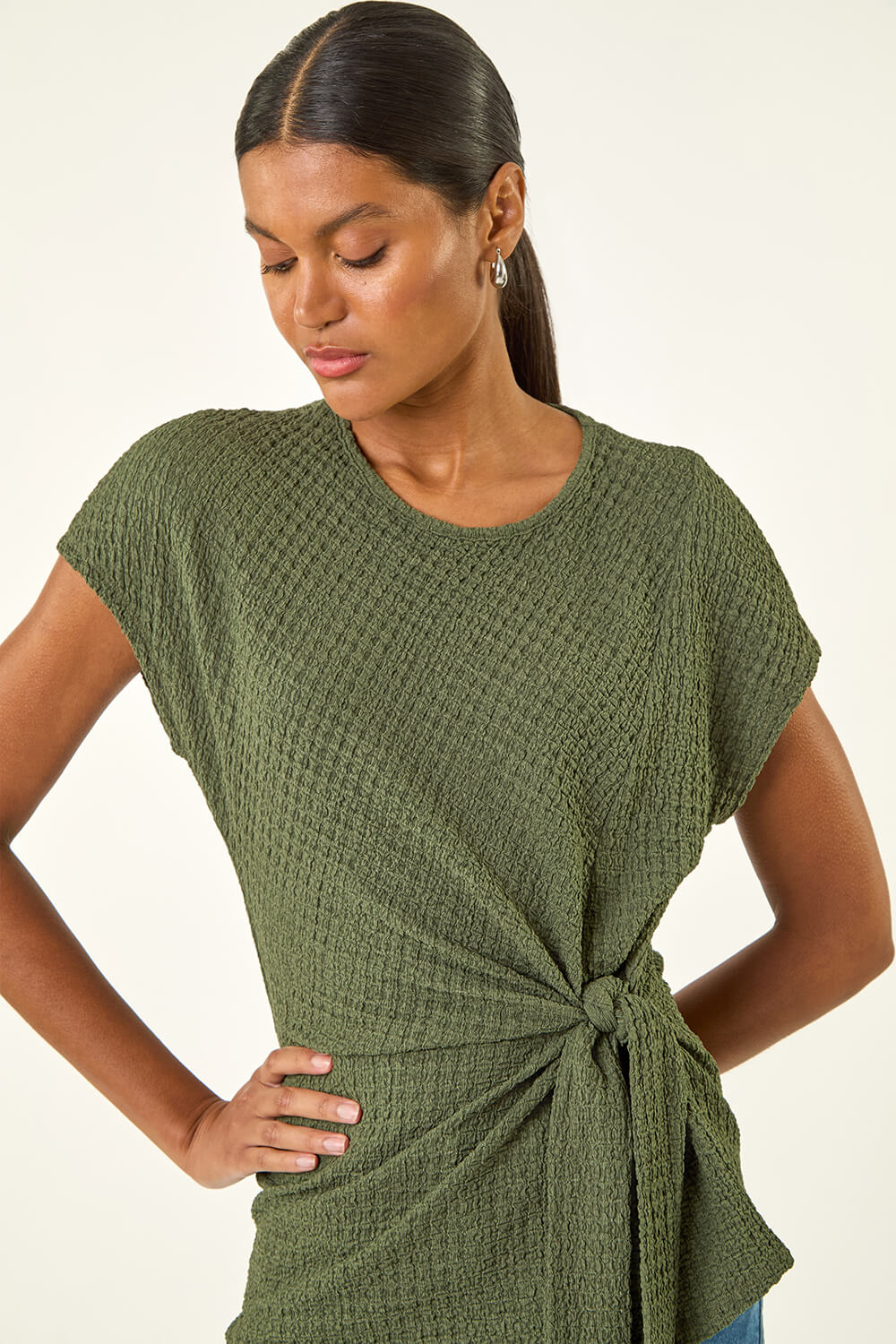Khaki Textured Asymmetric Wrap Top, Image 1 of 5